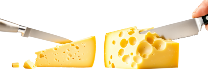 Set of Hand holds a knife cutting into a block of Swiss cheese isolated on white transparent background. Minimalistic style dairy products, food preparation