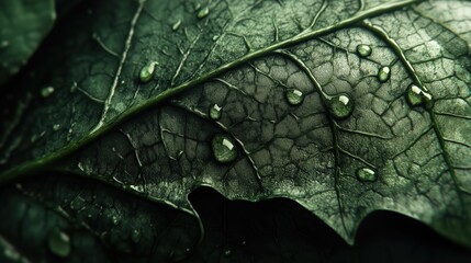 Fototapeta premium Macro close-up of green leaf with water droplets and intricate vein texture