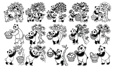 Obraz premium Apple Tree and Panda Coloring Page for Children, Line Drawing for Adults, Isolated on White Background, Perfect for Early Learning, Toddler Fun, and Creative Art Activities for Kids.