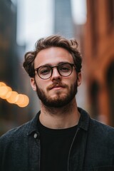 Obraz premium Man, glasses, beard, dark jacket, city background.