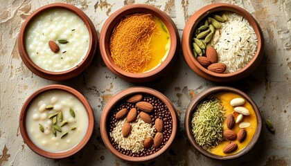 Colorful Kheer and Toppings in Bowls on Rustic Table