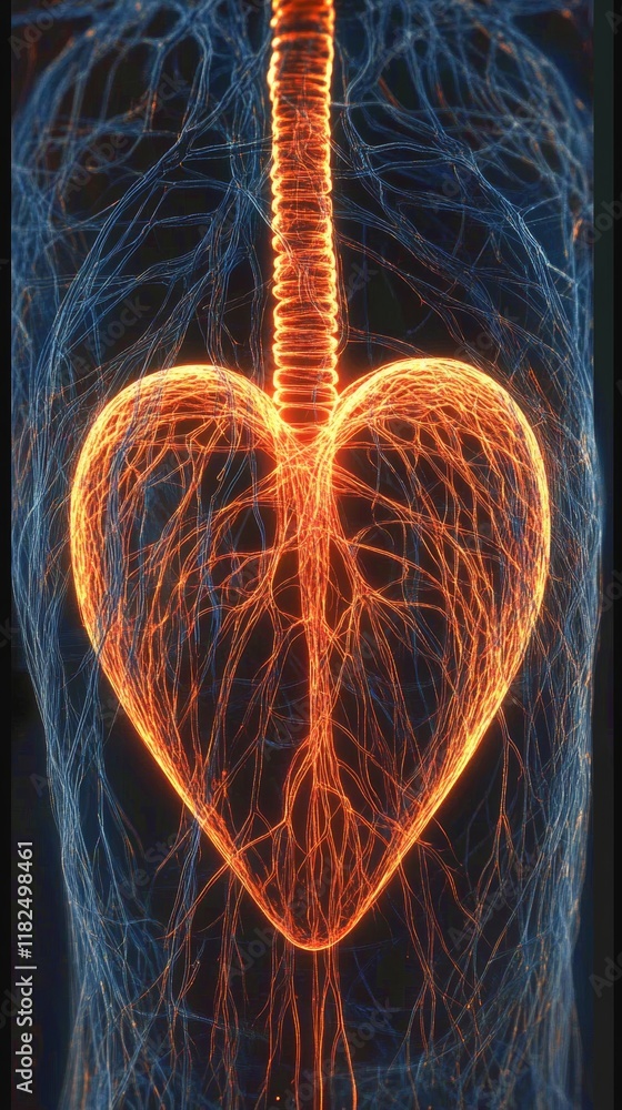 Poster close-up view of glowing red and blue veins forming a heart shape with an illuminated core in a dyna