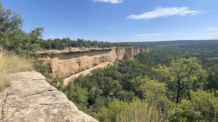 Fototapeta premium Canyon clifftop view, summer landscape, trees, blue sky