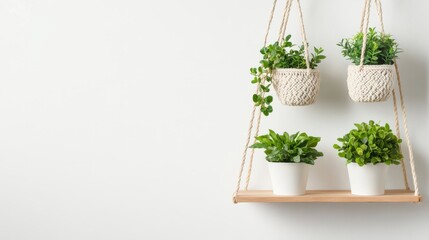 Minimalist hanging wooden shelf with green plants on white wall