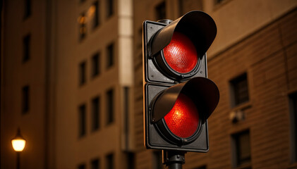 A red traffic signal is illuminated at night in a city, indicating that vehicles must stop. Surrounding buildings provide urban atmosphere and context