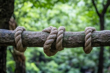 Rope loops around a weathered branch, verdant background.