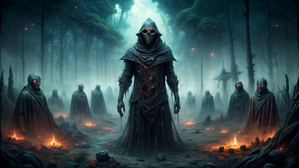 Shrouded figures in dark robes stand in a dimly lit forest as mist swirls around them. Small fires flicker at their feet, casting an eerie glow against the backdrop of tall trees