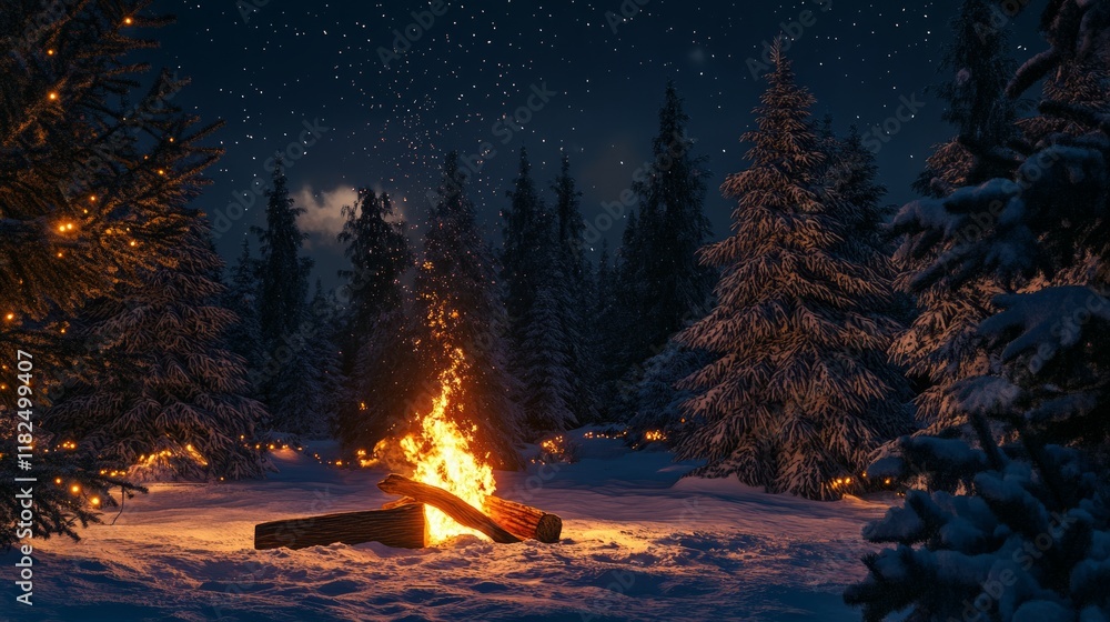 Wall mural Tranquil winter night scene with campfire and snowy trees under starry sky