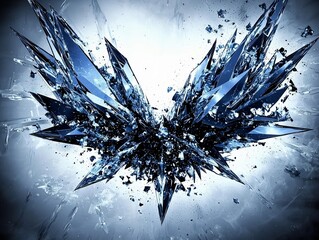 Naklejka premium Abstract Shattered Crystal Explosion, Dark Blue Fractal Wings