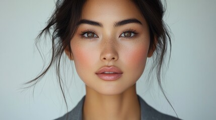 Obraz premium A close-up portrait of a young woman with natural makeup and soft features.