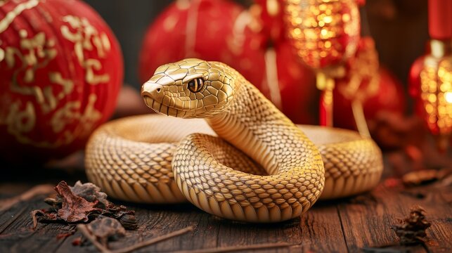 Golden snake coiled amid red lanterns and autumn leaves
