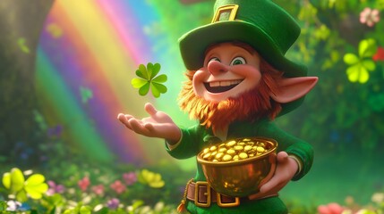 Cheerful leprechaun with pot of gold under a vibrant rainbow in a lush forest