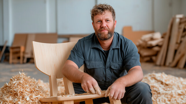 A skilled carpenter in a rustic workshop, focused on crafting a wooden chair, surrounded by tools and wood shavings.