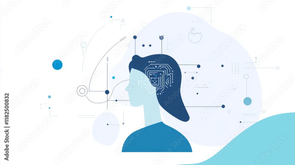 Poster abstract artificial intelligence concept with human profile and circuitry elements