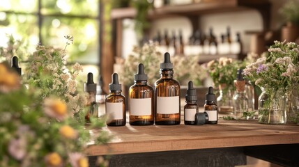 Amber bottles, essential oils, herbal shop, sunlight, product display