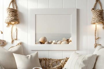 Cozy coastal retreat with serene seashell decor and soft neutral tones inviting relaxation and tranquility