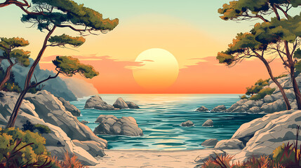 Panorama of the sea landscape, sunset over the bay, rocky shore,. Morningtide. Illustration