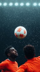 Fototapeta premium Intense Night Soccer Match in Rain Athleticism and Passion Captured
