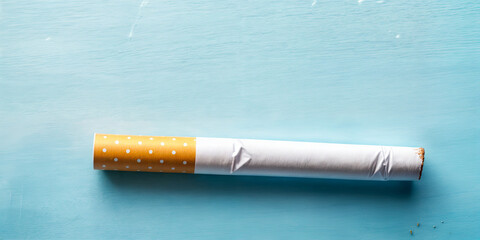 A brightly colored cigarette rests horizontally on a soft blue background. The yellow polka-dotted design contrasts with the white paper, creating an eye-catching look