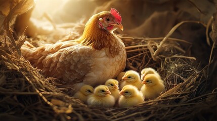 Mother hen and chicks nestled in warm sunlit barn
