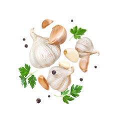 Levitate garlic with parsley leaves and allspice close up in the air, isolated on a white background
