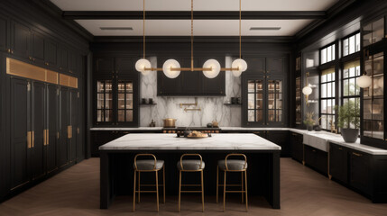 A royal kitchen featuring white marble countertops with gold veins, matte black cabinets with gold handles, and a large central kitchen island.