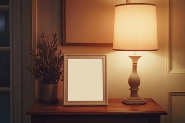 Warm evening glow from a lamp beside a blank picture frame and a green plant on a wooden table