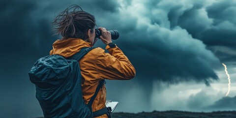 Storm Tracking Woman Observing Thunderstorm with Binoculars in Moody Landscape