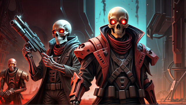 Two armored skeletons stand ready with weapons in a dark, futuristic cityscape. Their glowing red eyes enhance the tension in the atmosphere as they face an unseen enemy