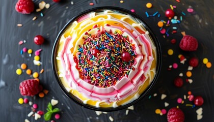 Fototapeta premium Colorful Ice Cream Cake Dessert in Bowl with Sprinkles and Berries on Dark Background