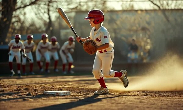 Youth Baseball Player Running to First Base During a Game with Teammates Cheering in the Background on a Sunny Day
