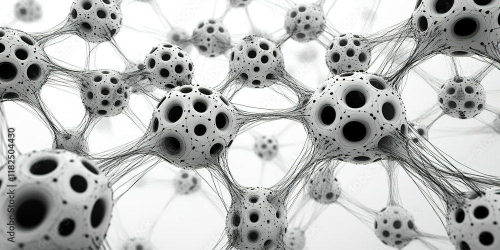 Poster network of abstract cells connected by fine structures in a monochrome design depicting a biological