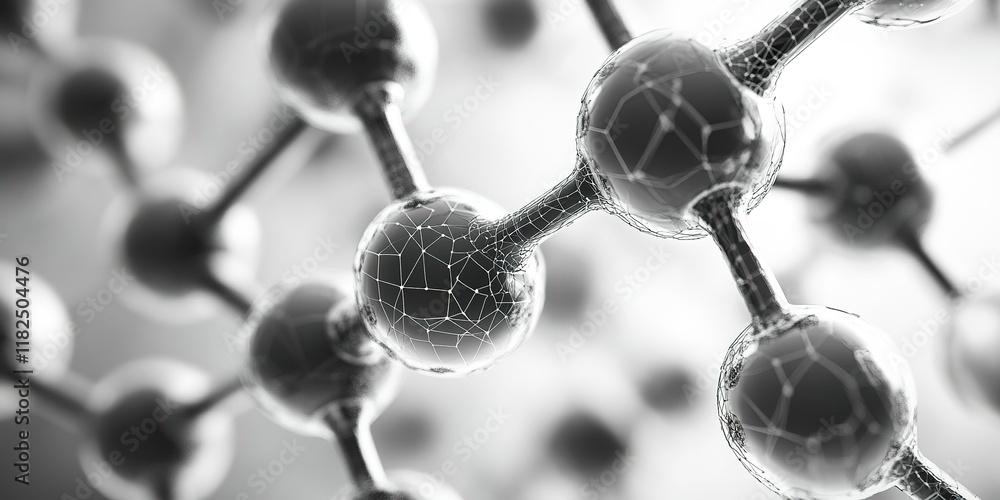 Poster close-up view of molecular structures illustrating scientific concepts in a monochromatic style