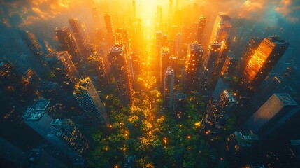 Golden Sunset Cityscape Park Aerial View