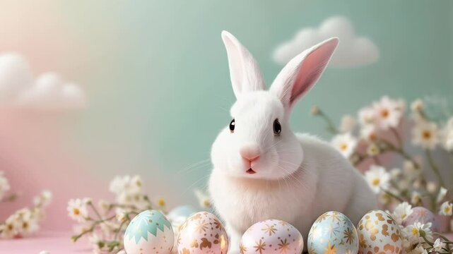 Curious white bunny exploring colorful easter setting with spring flowers