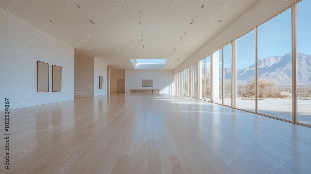 Sticker Modern minimalist interior with wooden flooring and large windows overlooking mountain landscape