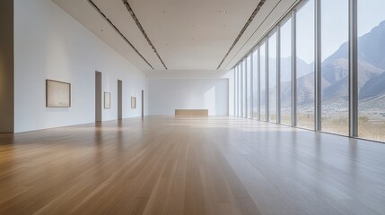 Obraz premium Spacious modern art gallery with wooden floors and mountain view through large windows