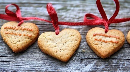 Heart-Shaped Cookies Tied with Red Ribbon Rustic Valentine's Day Treats