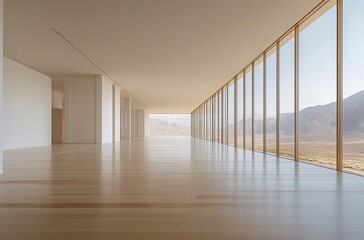 Minimalist interior with panoramic desert view through floor-to-ceiling windows