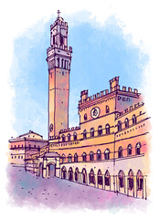Sketch architecture. An urban colorful landscape of Siena, Italy, Europe. Graphic illustration. Freehand digital drawing. Watercolor background. Hand drawn travel postcard. Banner, poster design.