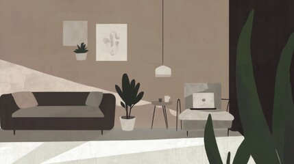 A serene and stylish minimalist living room illustration with muted tones and abstract art elements.  Perfect for modern home decor inspiration.