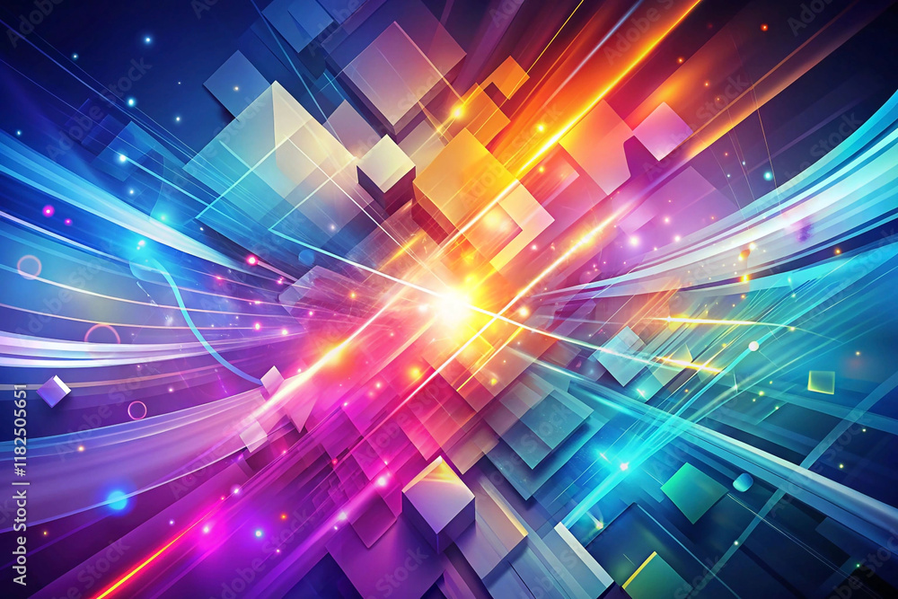 Poster vibrant abstract background with glowing cubes and dynamic light streaks.