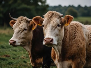 Two cows grazing peacefully on a lush green farm pasture