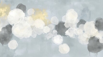 Abstract Grey White Gold Bubbles Floating Art Painting