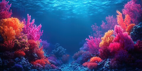Fototapeta premium Underwater view of vibrant coral reef teeming with colorful marine life in a tranquil ocean environment