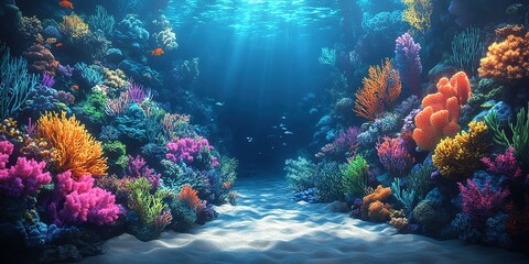 Fototapeta premium Vibrant underwater coral reef teeming with marine life and colorful corals in a serene ocean environment