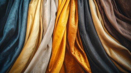 Obraz premium Vibrant multi-colored velvet fabrics draped in rows