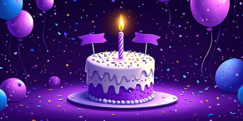 Colorful birthday cake with candles and balloons for a festive celebration in a vibrant setting