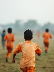 Fototapeta premium Energetic Youth Football Match on Dusty Field Celebrating Grassroots Passion and Childhood Dreams