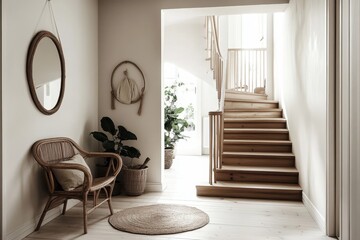 Bright modern interior, natural wood staircase, large glass door, sunlit room, cozy white armchair, potted plants, round mirror, minimalist decor, warm tones, inviting entryway, hardwood floors, neutr